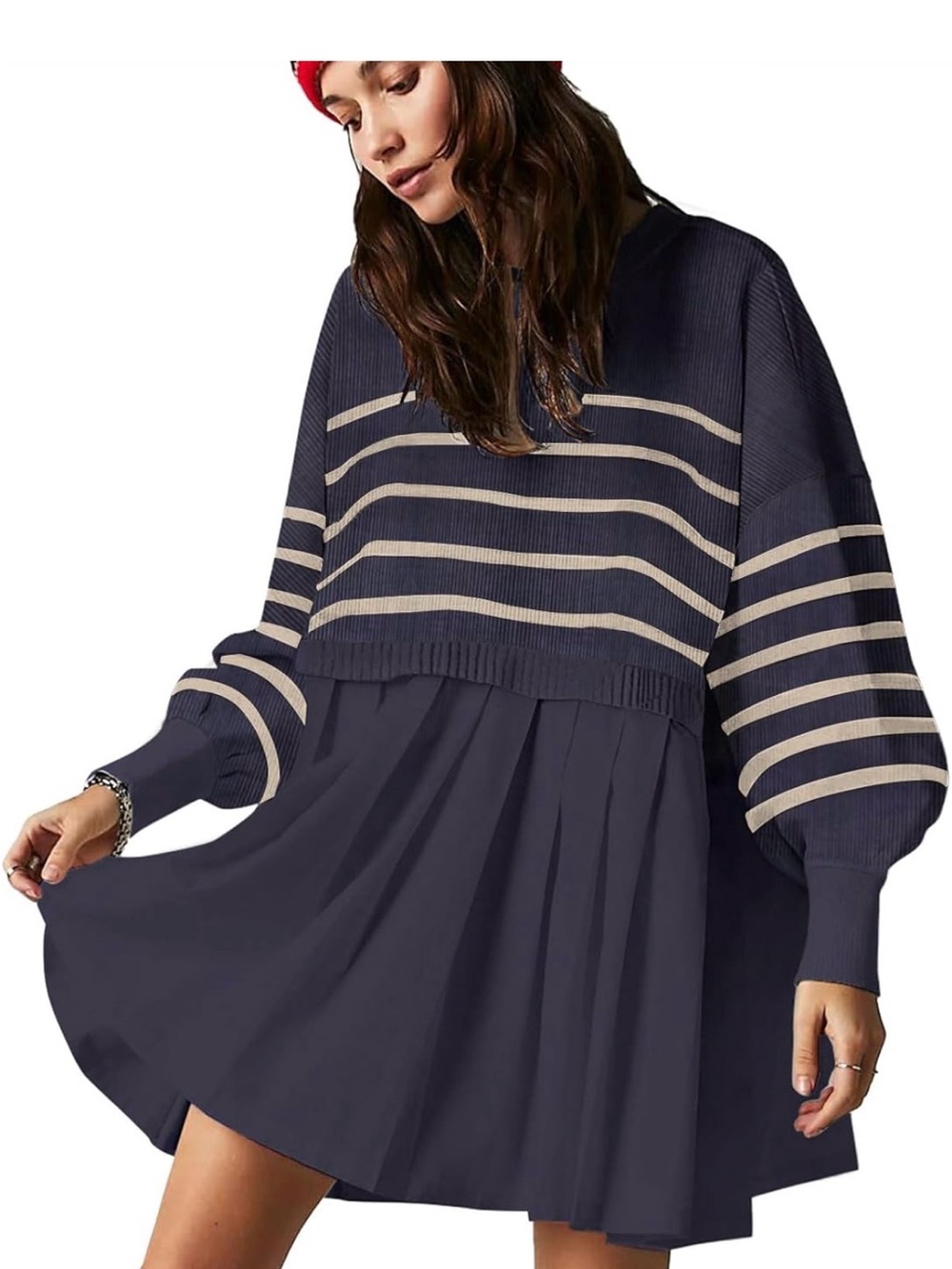 Amazon Sweater dress Navy and Cream Striped